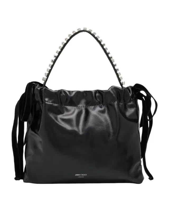 Jimmy Choo Leather Drawstring Mini Top-Handle Bag with Crystal-Embellished Handle