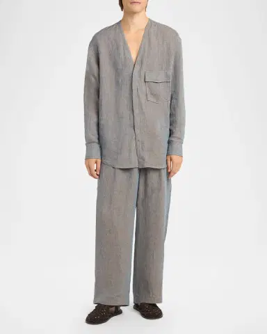 Giorgio Armani Men's Linen Pleated Wide-Leg Trousers | Thumbnail 2