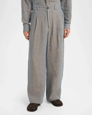 Giorgio Armani Men's Linen Pleated Wide-Leg Trousers | Thumbnail 4