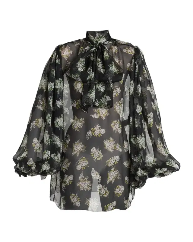 Dolce & Gabbana Floral Silk Chiffon Balloon-Sleeve Blouse