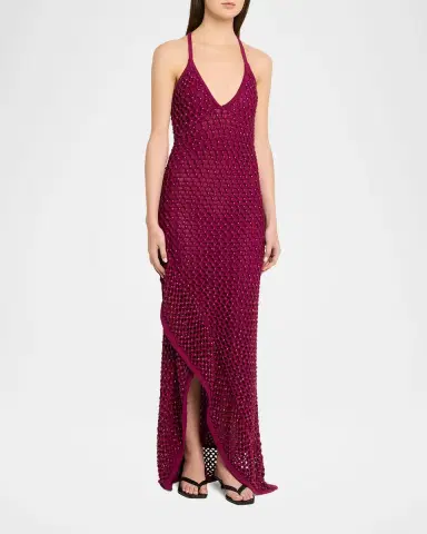 Diotima Riki Crystal Crochet Knit Halter Maxi Dress | Thumbnail 4