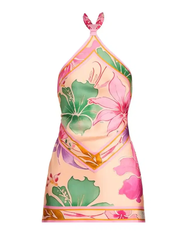 Adelaide Floral Silk Knotted Halter Overlay Mini Dress