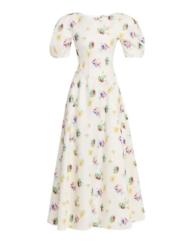 Ranya Puff-Sleeve Mia 's Flowers-Print Linen Maxi Dress