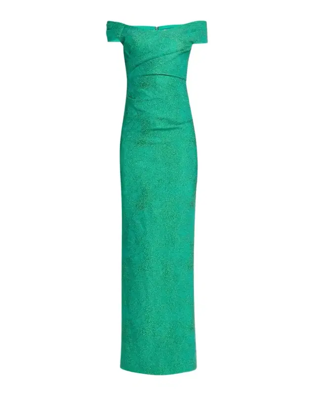Rickie Freeman for Teri Jon Off-Shoulder Metallic Jacquard Column Gown
