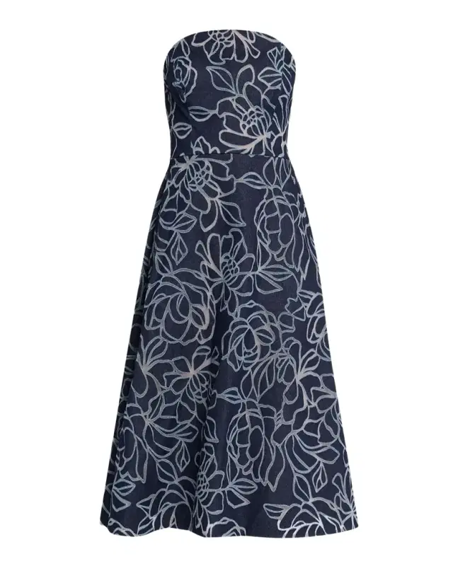 Rickie Freeman for Teri Jon Strapless Floral Burnout Denim Midi Dress