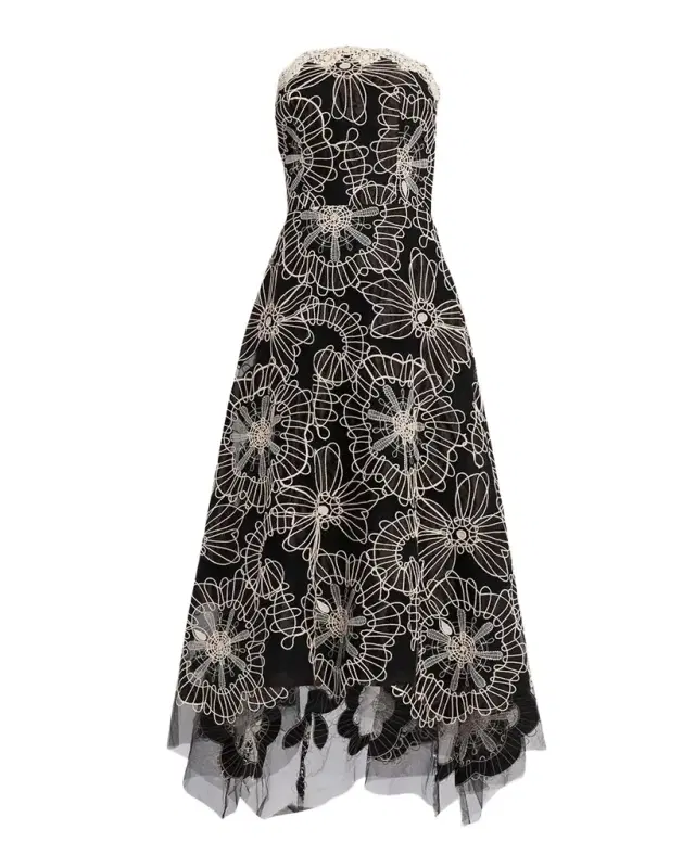 Rickie Freeman for Teri Jon Strapless Floral-Embroidered Tulle Maxi Dress