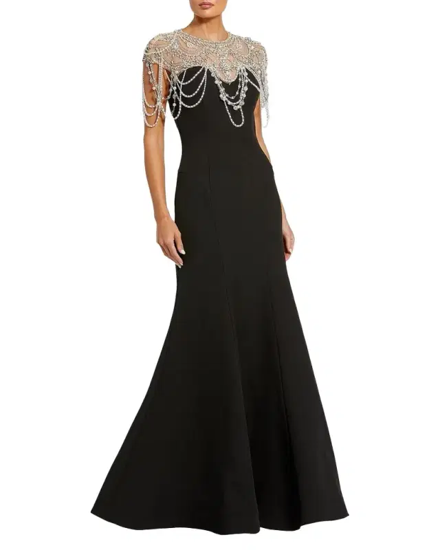 Mac Duggal Beaded Cap-Sleeve Mermaid Gown
