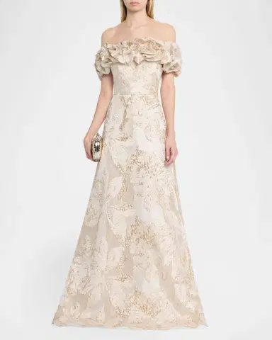 Rickie Freeman for Teri Jon Ruffled Off-Shoulder Metallic Jacquard Gown | Thumbnail 2
