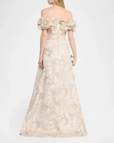 Rickie Freeman for Teri Jon Ruffled Off-Shoulder Metallic Jacquard Gown | Thumbnail 3