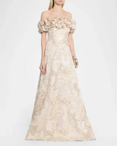Rickie Freeman for Teri Jon Ruffled Off-Shoulder Metallic Jacquard Gown | Thumbnail 4