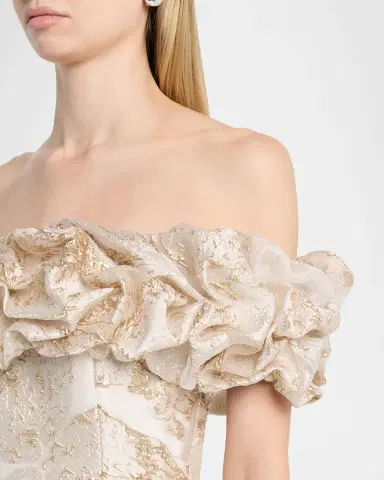 Rickie Freeman for Teri Jon Ruffled Off-Shoulder Metallic Jacquard Gown | Thumbnail 5