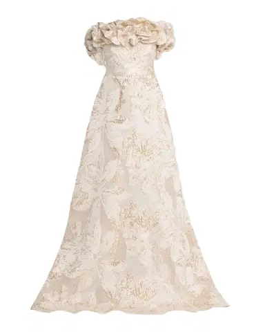 Rickie Freeman for Teri Jon Ruffled Off-Shoulder Metallic Jacquard Gown | Thumbnail 1