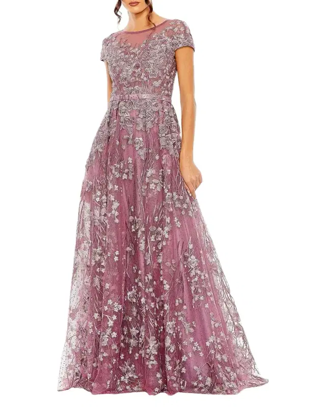 Beaded Floral-Embroidered Gown