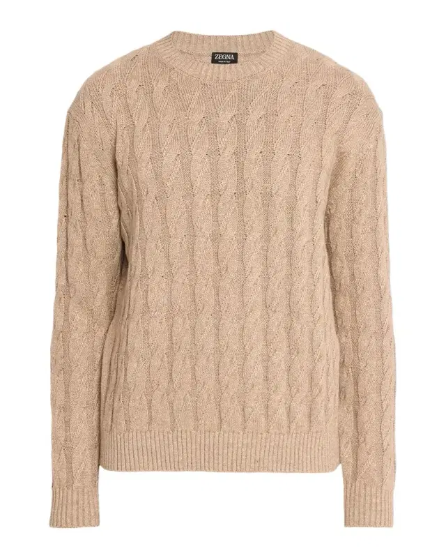 ZEGNA Men 's Beige Melange Cable-Knit Crewneck Sweater