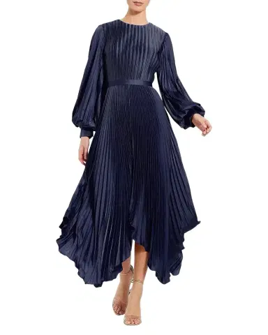 Mac Duggal Pleated Satin Handkerchief Midi Dress | Thumbnail 1 Mac Duggal Pleated Satin Handkerchief Midi Dress | Thumbnail 1