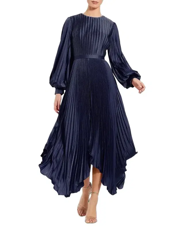 Mac Duggal Pleated Satin Handkerchief Midi Dress