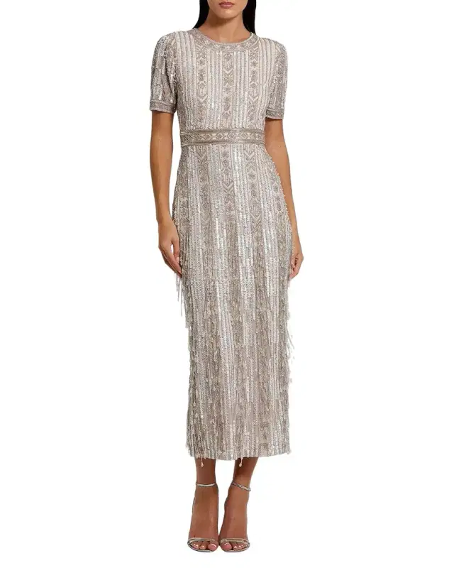 Geometric Beaded Cocktail Midi Dress
