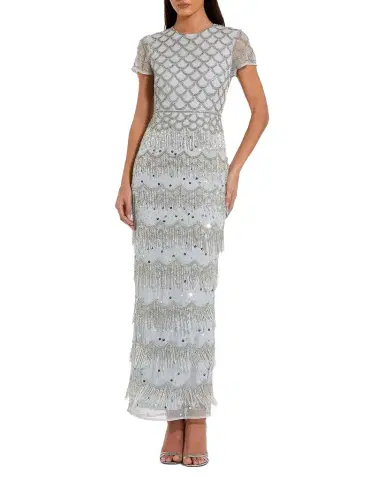 Mac Duggal Scalloped Beaded Fringe Column Gown | Thumbnail 1 Mac Duggal Scalloped Beaded Fringe Column Gown | Thumbnail 1