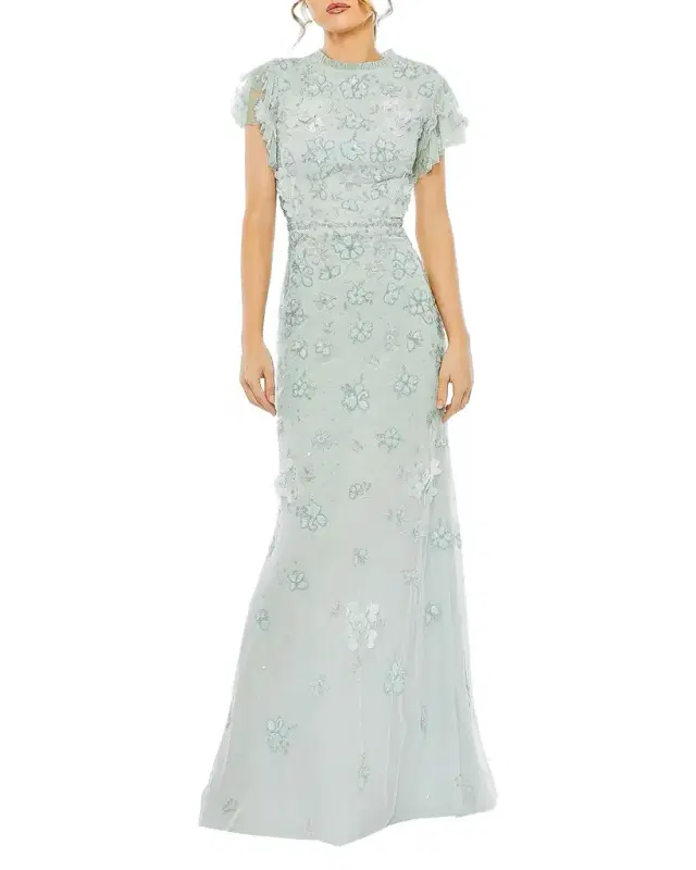 Mac Duggal Flutter-Sleeve Beaded Applique Gown