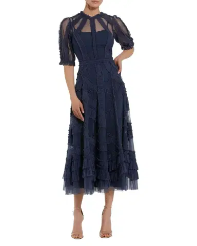 Mac Duggal High-Neck Ruffled A-Line Midi Dress | Thumbnail 1 Mac Duggal High-Neck Ruffled A-Line Midi Dress | Thumbnail 1