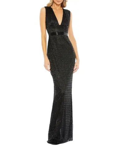 Mac Duggal Beaded V-Neck Column Gown | Thumbnail 1 Mac Duggal Beaded V-Neck Column Gown | Thumbnail 1