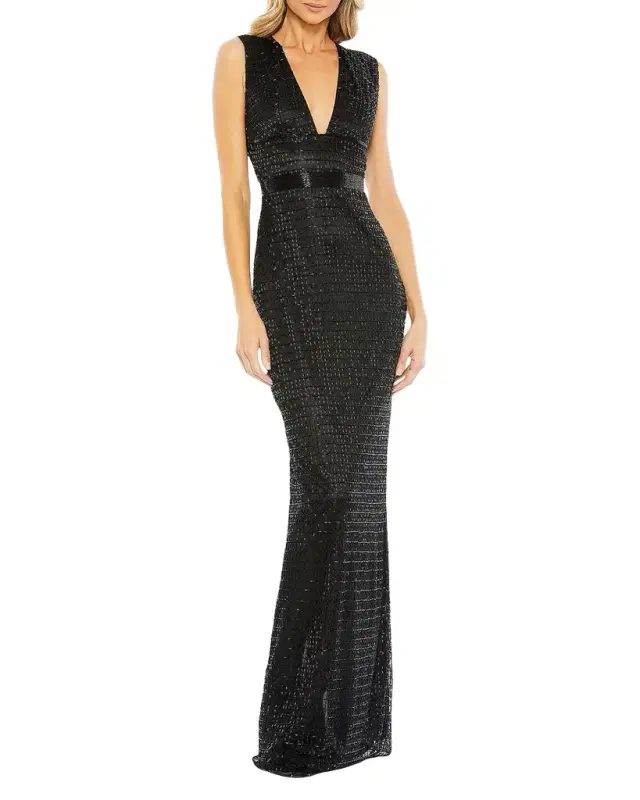 Mac Duggal Beaded V-Neck Column Gown