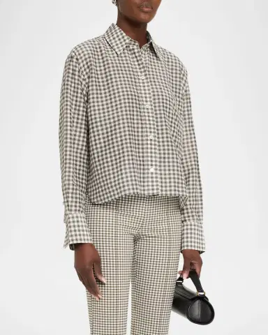 Vince Long-Sleeve Cropped Cotton-Silk Gingham Shirt | Thumbnail 4 Vince Long-Sleeve Cropped Cotton-Silk Gingham Shirt | Thumbnail 4
