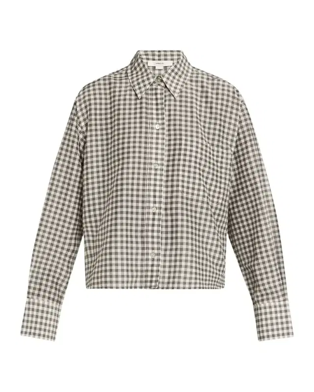 Vince Long-Sleeve Cropped Cotton-Silk Gingham Shirt