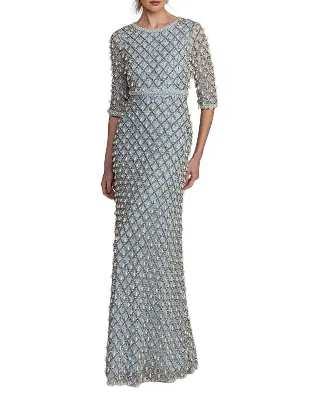 Mac Duggal Pearly-Embellished Beaded Mesh Gown