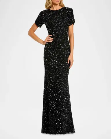 Mac Duggal Beaded Mesh Short-Sleeve Gown | Thumbnail 2 Mac Duggal Beaded Mesh Short-Sleeve Gown | Thumbnail 2