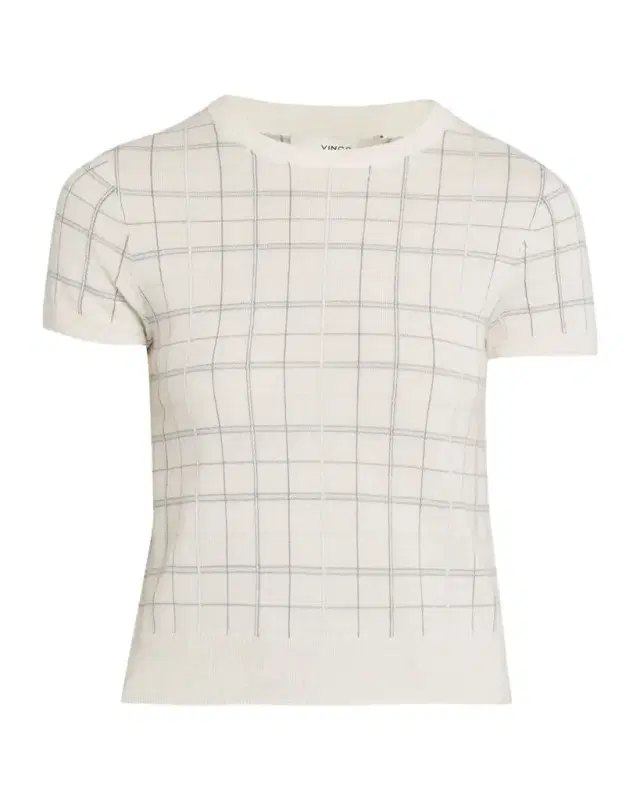 Vince Plaid Short-Sleeve Crewneck Top