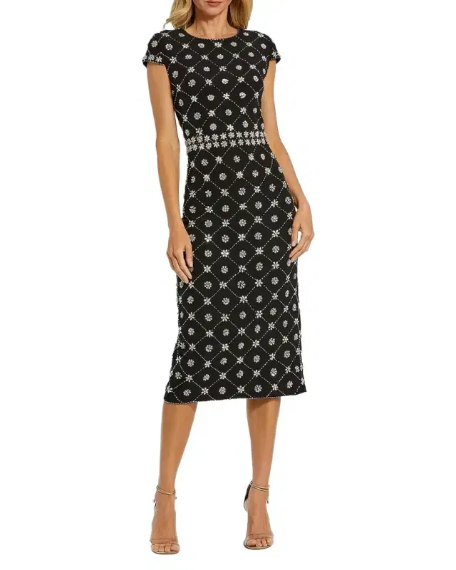 Hand-Embellished Cap-Sleeve Midi Dress