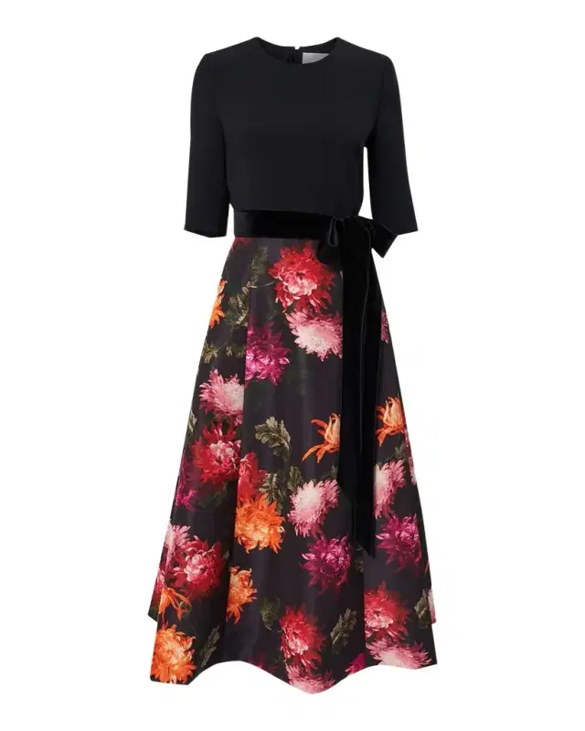 Floral Elbow-Sleeve Bow Midi Dress