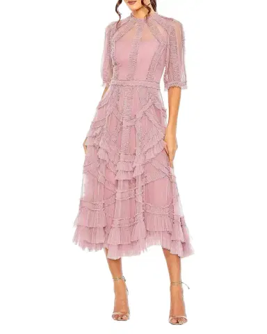 Mac Duggal High-Neck Ruffled A-Line Midi Dress | Thumbnail 1 Mac Duggal High-Neck Ruffled A-Line Midi Dress | Thumbnail 1