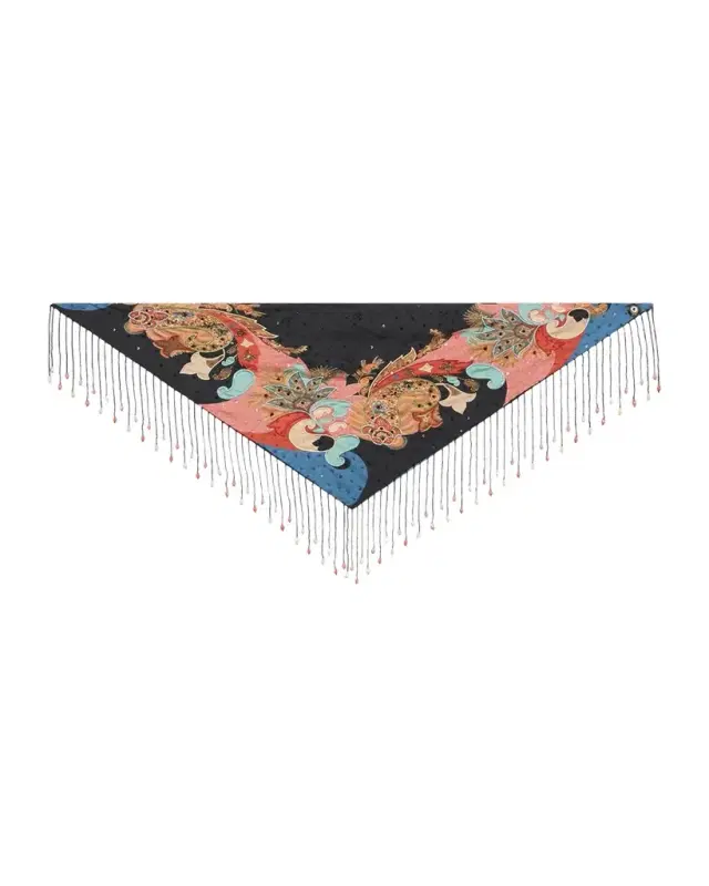 Embroidered Paisley-Print Fringe Scarf