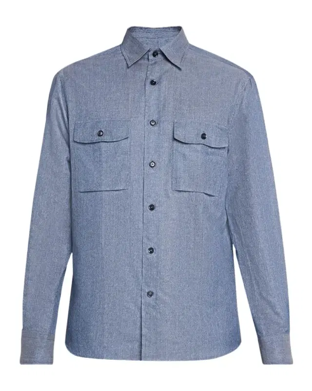 Men 's Cotton and Linen Flap-Pocket Military Shirt
