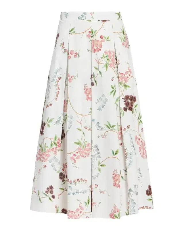 Floral Print Pleated Cotton Poplin Midi Skirt