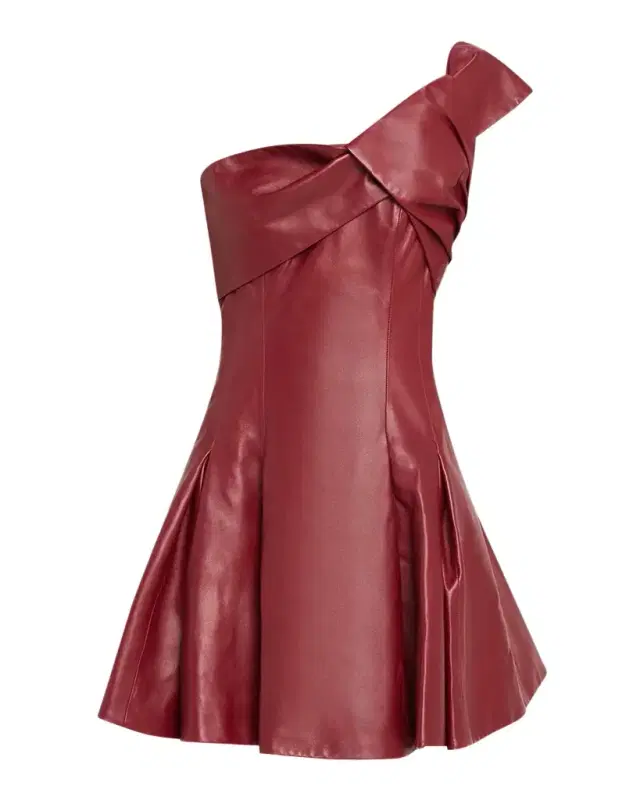 One-Shlouder Pleated Leather Mini Dress