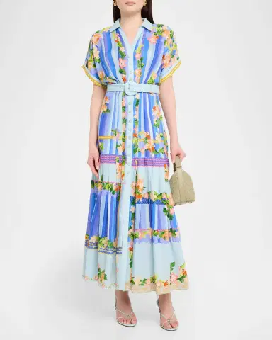 Saloni Riya-B Belted Floral Linen Maxi Shirt Dress | Thumbnail 4 Saloni Riya-B Belted Floral Linen Maxi Shirt Dress | Thumbnail 4