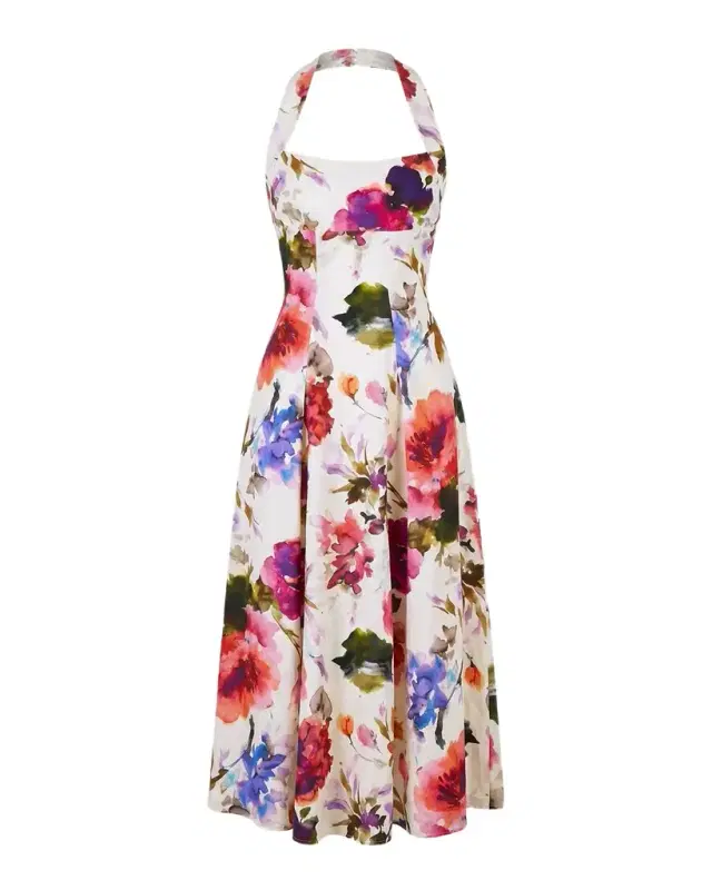Elisabeth Pleated Floral-Print Halter Midi Dress
