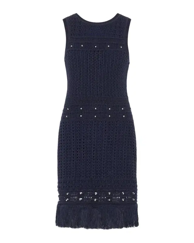 Beaded Fringe Knit Shell Mini Dress
