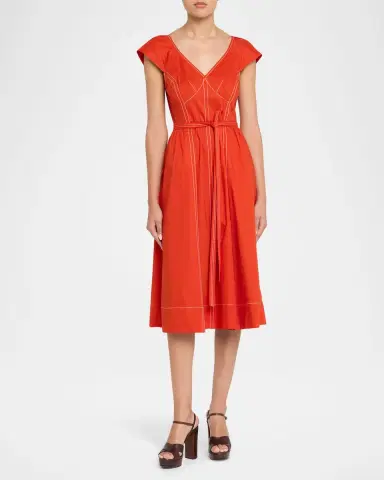 Jason Wu Collection Cap-Sleeve V-Neck Belted Bustier Midi Dress | Thumbnail 2