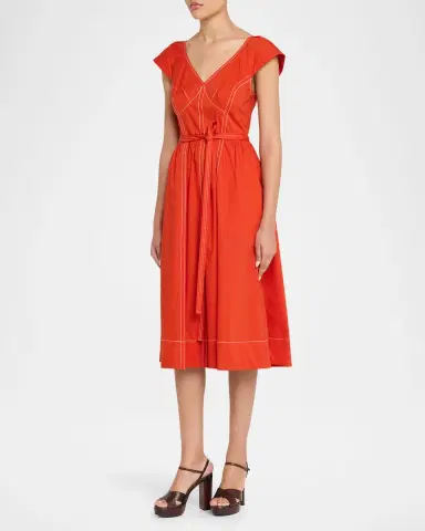 Jason Wu Collection Cap-Sleeve V-Neck Belted Bustier Midi Dress | Thumbnail 4