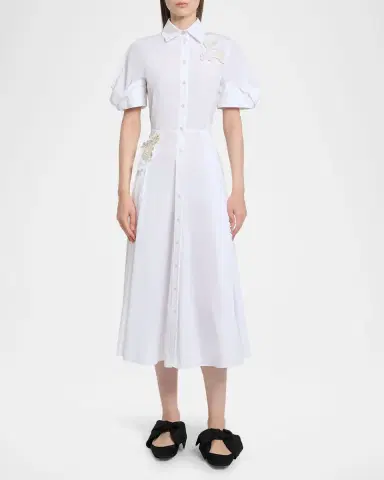 Erdem Pleated Floral Applique Cotton Midi Shirtdress | Thumbnail 2 Erdem Pleated Floral Applique Cotton Midi Shirtdress | Thumbnail 2