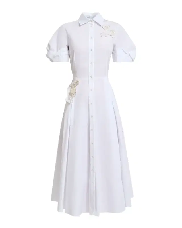 Pleated Floral Applique Cotton Midi Shirtdress