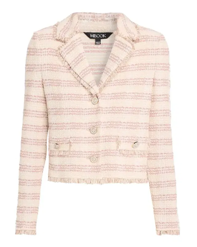 Misook Striped Fringe-Trim Knit Crop Jacket