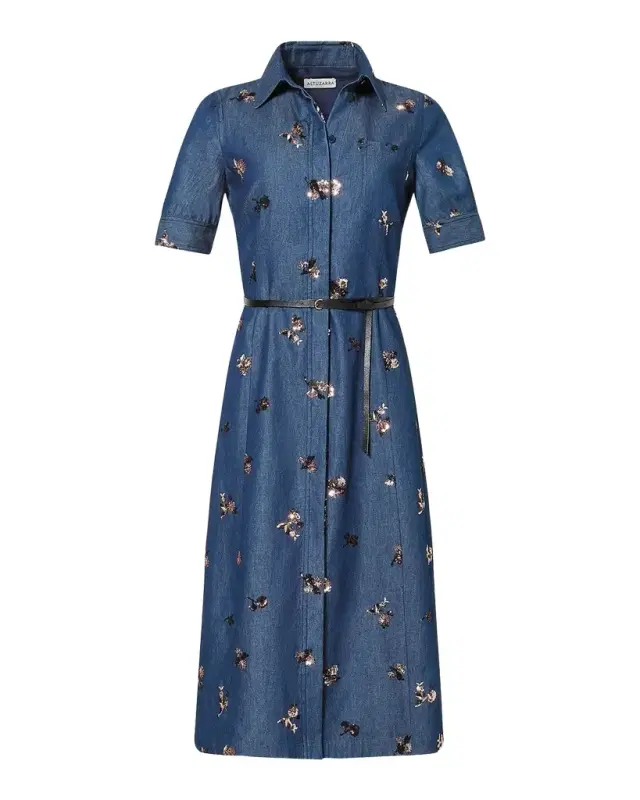 Kieran Sequined Floral Denim Midi Shirtdress With Belt