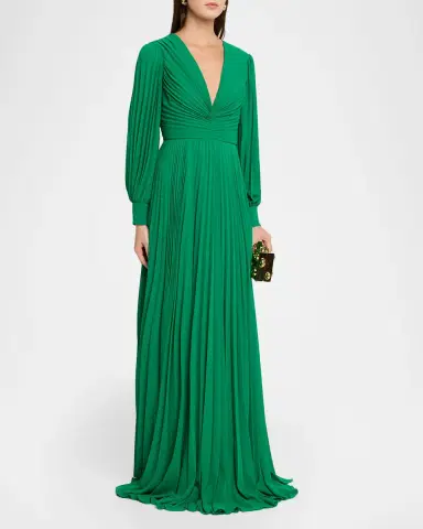 BADGLEY MISCHKA Pleated Blouson-Sleeve Georgette Gown | Thumbnail 4 BADGLEY MISCHKA Pleated Blouson-Sleeve Georgette Gown | Thumbnail 4