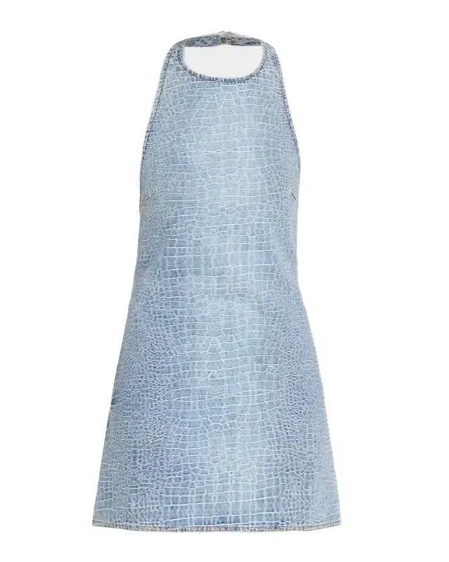 Self-Portrait Rhinestone Croc-Effect Denim Mini Dress