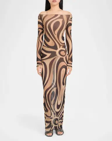 Pucci Marmo Tulle Long-Sleeve Maxi Dress | Thumbnail 2